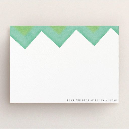 Custom Writing Stationery Design (Couples) - "Vibrant Peaks" A couples custom writing stationery design named "Vibrant Peaks". It is an A5 card in a landscape orientation. "Vibrant Peaks" is available as a flat card, with tones of green and white.
