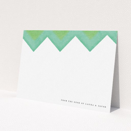 A couples custom writing stationery design named 'Vibrant Peaks'. It is an A5 card in a landscape orientation. 'Vibrant Peaks' is available as a flat card, with tones of green and white.