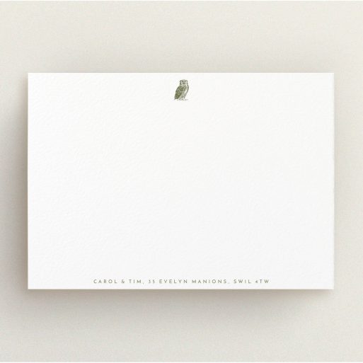 Custom Writing Stationery Design (Couples) - "Wise old owl" A couples custom writing stationery design titled "Wise old owl". It is an A5 card in a landscape orientation. "Wise old owl" is available as a flat card, with tones of white and Dark gold.