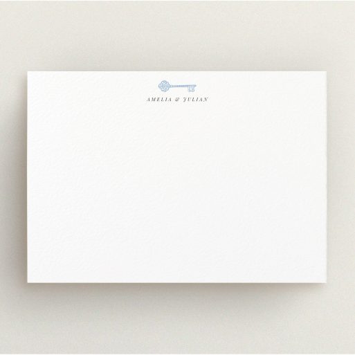 Personalised Note Card Design (Couples) - "A magic key" A couples personalised note card template titled "A magic key". It is an A5 card in a landscape orientation. "A magic key" is available as a flat card, with tones of white and blue.