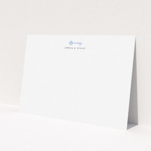 A couples personalised note card template titled 'A magic key'. It is an A5 card in a landscape orientation. 'A magic key' is available as a flat card, with tones of white and blue.