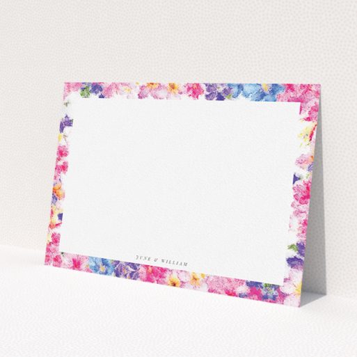 A couples personalised note card template titled 'A smudge of spring'. It is an A5 card in a landscape orientation. 'A smudge of spring' is available as a flat card, with tones of light pink and light blue.