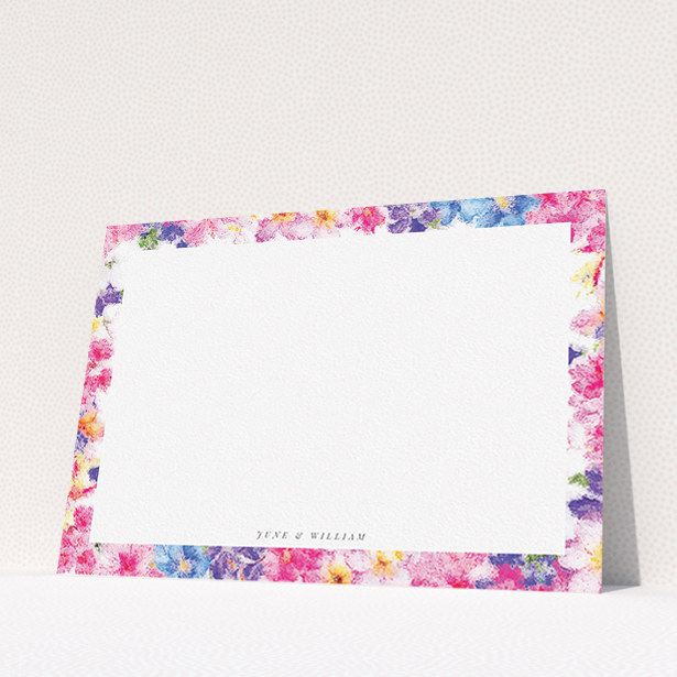 A couples personalised note card template titled "A smudge of spring". It is an A5 card in a landscape orientation. "A smudge of spring" is available as a flat card, with tones of light pink and light blue.