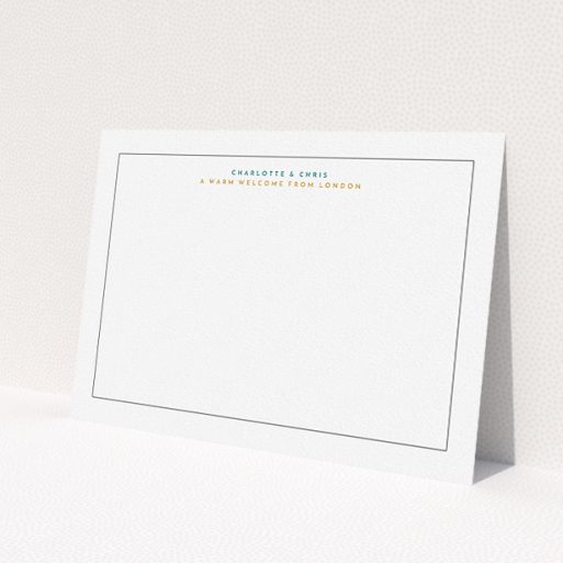 A couples personalised note card called 'A warm welcome from'. It is an A5 card in a landscape orientation. 'A warm welcome from' is available as a flat card, with tones of white and Orange.
