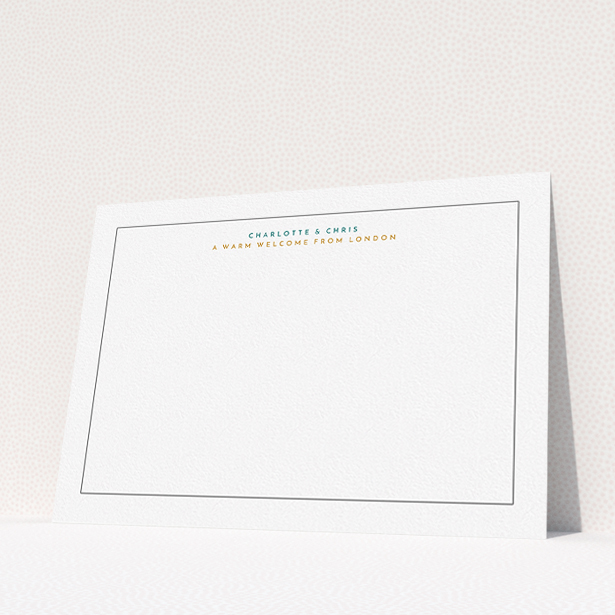 A couples personalised note card called "A warm welcome from". It is an A5 card in a landscape orientation. "A warm welcome from" is available as a flat card, with tones of white and Orange.