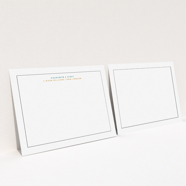 A couples personalised note card called "A warm welcome from". It is an A5 card in a landscape orientation. "A warm welcome from" is available as a flat card, with tones of white and Orange.