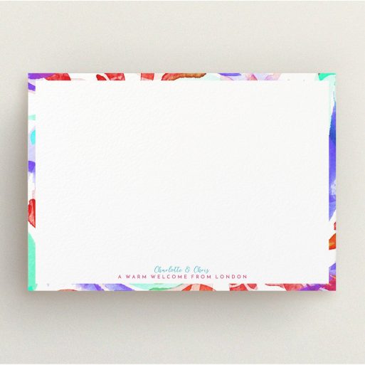 Personalised Note Card Design (Couples) - "Abstract Neon" A couples personalised note card called "Abstract Neon". It is an A5 card in a landscape orientation. "Abstract Neon" is available as a flat card, with mainly red colouring.