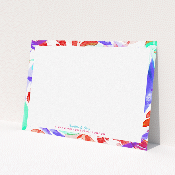 A couples personalised note card called "Abstract Neon". It is an A5 card in a landscape orientation. "Abstract Neon" is available as a flat card, with mainly red colouring.