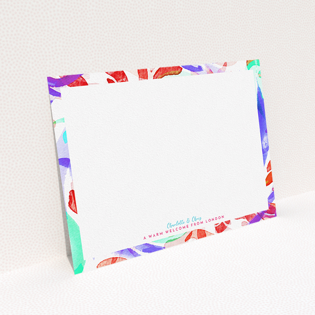 A couples personalised note card called "Abstract Neon". It is an A5 card in a landscape orientation. "Abstract Neon" is available as a flat card, with mainly red colouring.