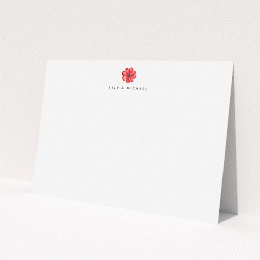 A couples personalised note card named 'Acrylic Posey'. It is an A5 card in a landscape orientation. 'Acrylic Posey' is available as a flat card, with tones of white and red.