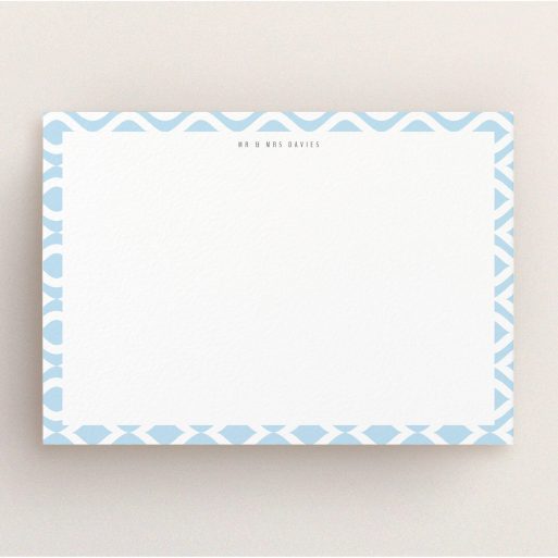 Personalised Note Card Design (Couples) - "Arabian diamonds" A couples personalised note card called "Arabian diamonds". It is an A5 card in a landscape orientation. "Arabian diamonds" is available as a flat card, with tones of blue and white.