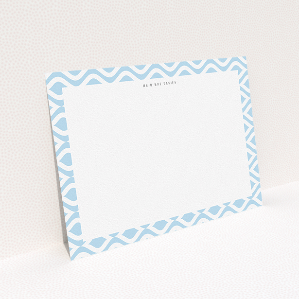 A couples personalised note card called "Arabian diamonds". It is an A5 card in a landscape orientation. "Arabian diamonds" is available as a flat card, with tones of blue and white.