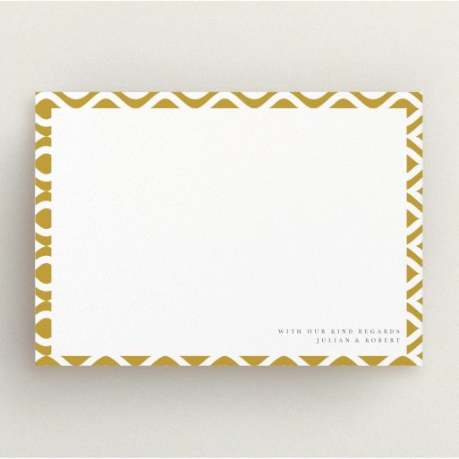 Personalised Note Card Design (Couples) - "Arabian swirls" A couples personalised note card template titled "Arabian swirls". It is an A5 card in a landscape orientation. "Arabian swirls" is available as a flat card, with tones of gold and white.
