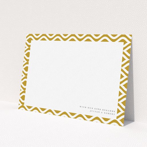 A couples personalised note card template titled 'Arabian swirls'. It is an A5 card in a landscape orientation. 'Arabian swirls' is available as a flat card, with tones of gold and white.