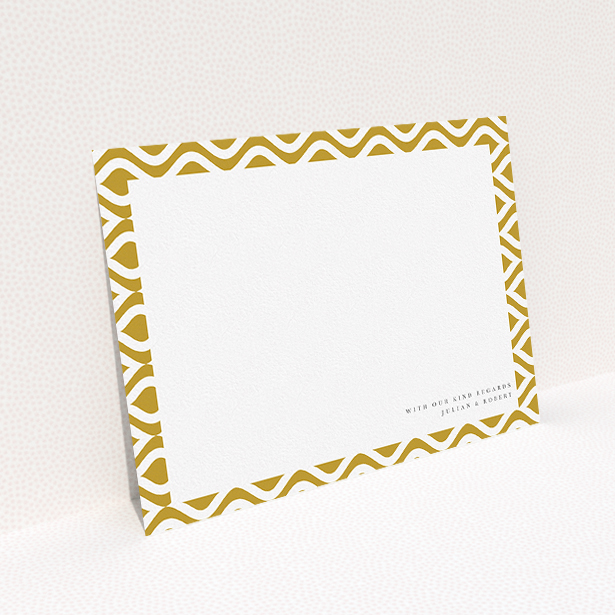 A couples personalised note card template titled "Arabian swirls". It is an A5 card in a landscape orientation. "Arabian swirls" is available as a flat card, with tones of gold and white.