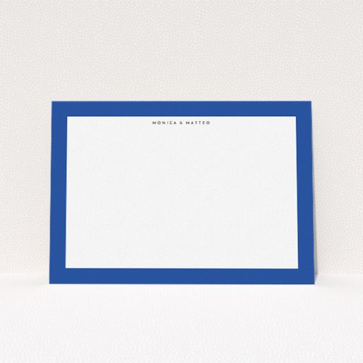 A couples personalised note card design called "Big blue". It is an A5 card in a landscape orientation. "Big blue" is available as a flat card, with tones of blue and white.