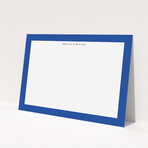 A couples personalised note card design called 'Big blue'. It is an A5 card in a landscape orientation. 'Big blue' is available as a flat card, with tones of blue and white.
