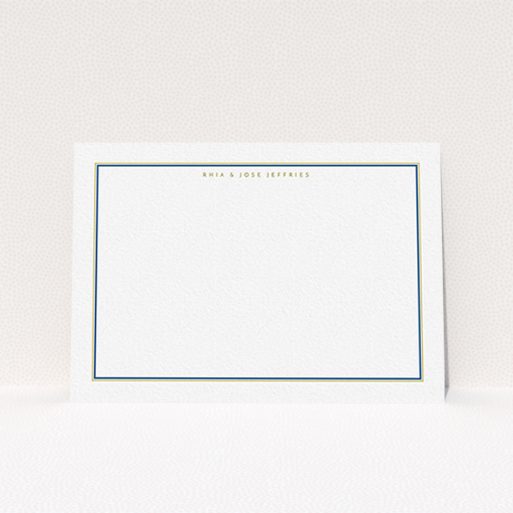 A couples personalised note card called "Blue and gold". It is an A6 card in a landscape orientation. "Blue and gold" is available as a flat card, with mainly white colouring.