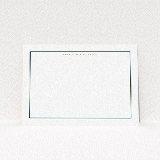 A couples personalised note card called "Blue and gold". It is an A6 card in a landscape orientation. "Blue and gold" is available as a flat card, with mainly white colouring.