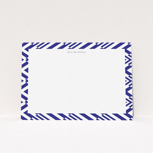 A couples personalised note card design named "Blue diamonds". It is an A6 card in a landscape orientation. "Blue diamonds" is available as a flat card, with tones of blue and white.