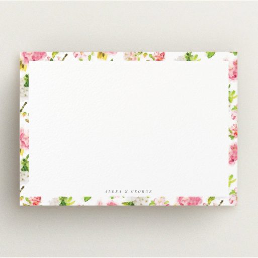 Personalised Note Card Design (Couples) - "Blurred blossom" A couples personalised note card design named "Blurred blossom". It is an A5 card in a landscape orientation. "Blurred blossom" is available as a flat card, with tones of pink, green and yellow.