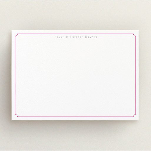 Personalised Note Card Design (Couples) - "Bright pink border" A couples personalised note card design called "Bright pink border". It is an A5 card in a landscape orientation. "Bright pink border" is available as a flat card, with tones of white and pink.