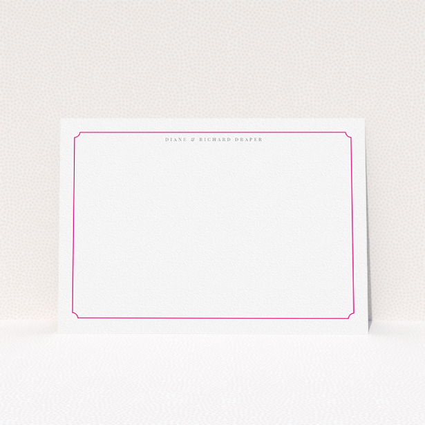 A couples personalised note card design called "Bright pink border". It is an A5 card in a landscape orientation. "Bright pink border" is available as a flat card, with tones of white and pink.