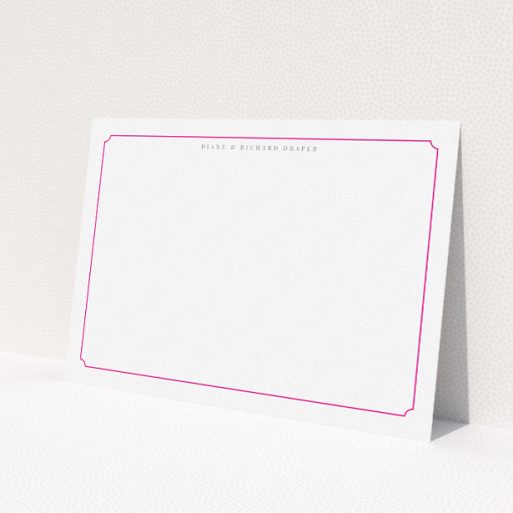 A couples personalised note card design called 'Bright pink border'. It is an A5 card in a landscape orientation. 'Bright pink border' is available as a flat card, with tones of white and pink.