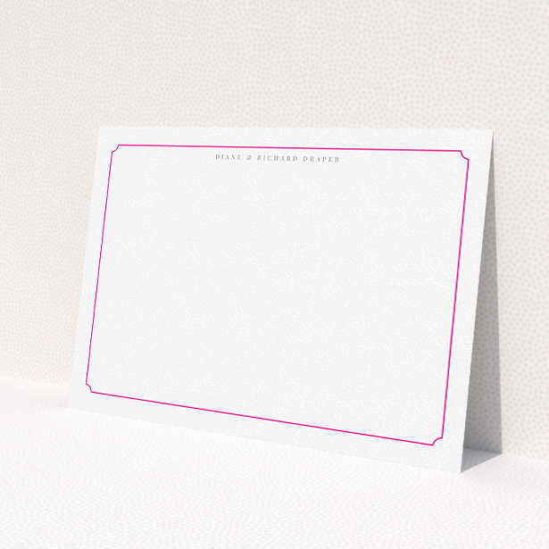 A couples personalised note card design called "Bright pink border". It is an A5 card in a landscape orientation. "Bright pink border" is available as a flat card, with tones of white and pink.