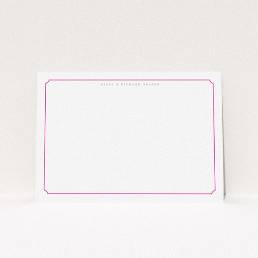 A couples personalised note card design titled "Bright pink border". It is an A6 card in a landscape orientation. "Bright pink border" is available as a flat card, with tones of white and pink.