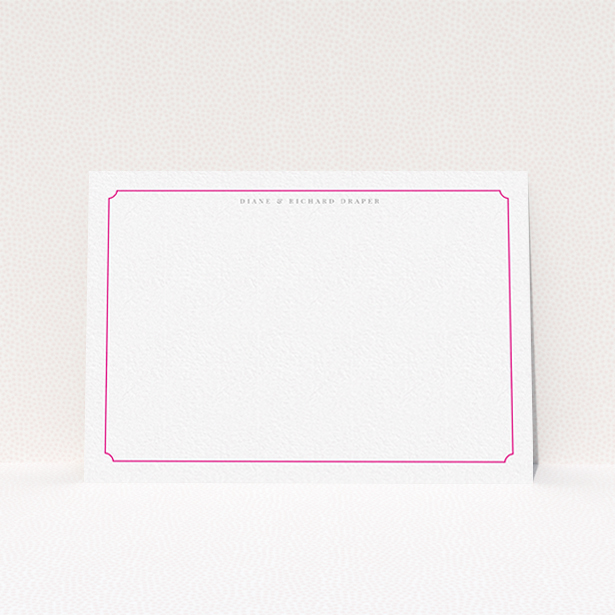 A couples personalised note card design titled "Bright pink border". It is an A6 card in a landscape orientation. "Bright pink border" is available as a flat card, with tones of white and pink.