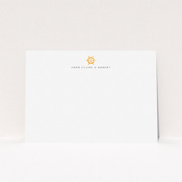 A couples personalised note card named "Captain's orders". It is an A5 card in a landscape orientation. "Captain's orders" is available as a flat card, with tones of white and orange.