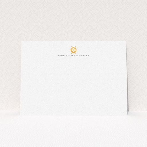 A couples personalised note card design titled "Captain's orders". It is an A6 card in a landscape orientation. "Captain's orders" is available as a flat card, with tones of white and orange.