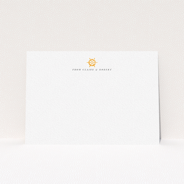 A couples personalised note card design titled "Captain's orders". It is an A6 card in a landscape orientation. "Captain's orders" is available as a flat card, with tones of white and orange.
