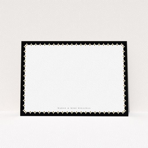A couples personalised note card design named "Centre Stage". It is an A6 card in a landscape orientation. "Centre Stage" is available as a flat card, with tones of black and white.