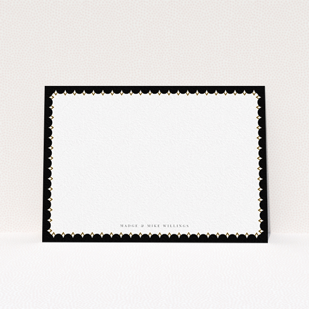 A couples personalised note card design named "Centre Stage". It is an A6 card in a landscape orientation. "Centre Stage" is available as a flat card, with tones of black and white.