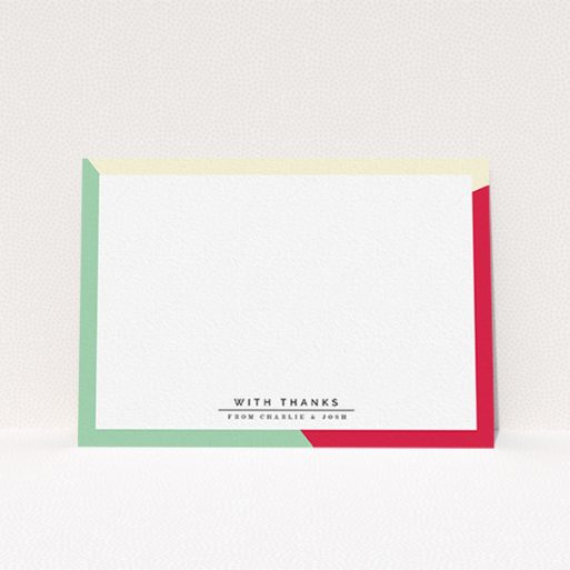 A couples personalised note card named "Colour Thirds". It is an A6 card in a landscape orientation. "Colour Thirds" is available as a flat card, with mainly light cream colouring.
