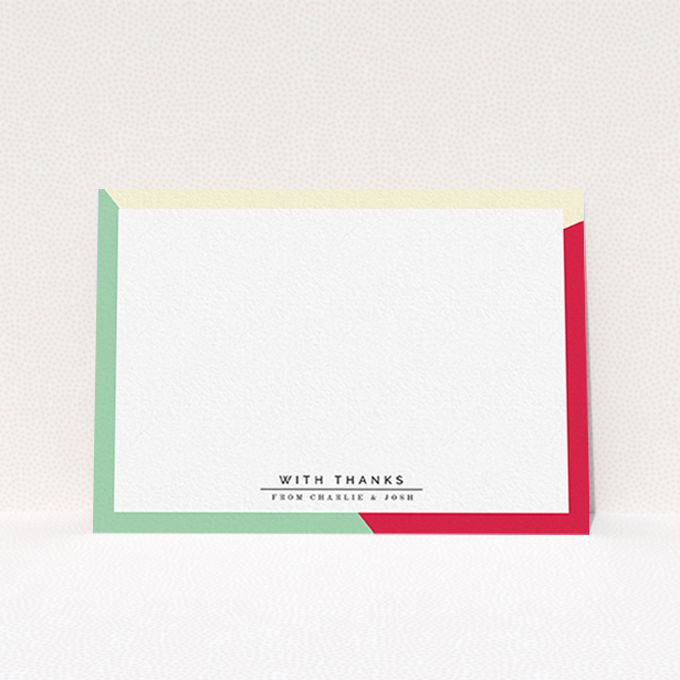 A couples personalised note card named "Colour Thirds". It is an A6 card in a landscape orientation. "Colour Thirds" is available as a flat card, with mainly light cream colouring.