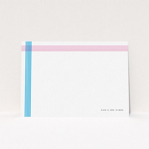 A couples personalised note card design titled "Crossing Paths". It is an A6 card in a landscape orientation. "Crossing Paths" is available as a flat card, with tones of blue and pink.