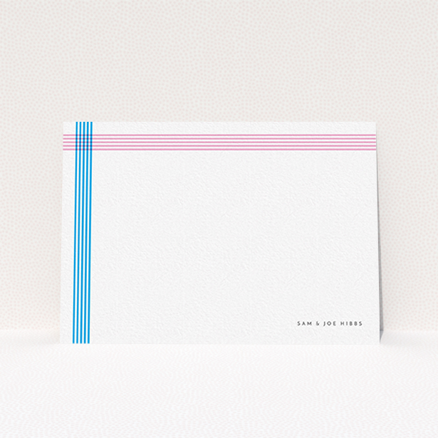 A couples personalised note card design titled "Crossing Paths". It is an A6 card in a landscape orientation. "Crossing Paths" is available as a flat card, with tones of blue and pink.