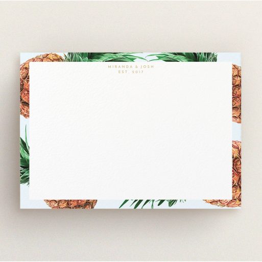 Personalised Note Card Design (Couples) - "Falling pineapples" A couples personalised note card design titled "Falling pineapples". It is an A5 card in a landscape orientation. "Falling pineapples" is available as a flat card, with tones of blue, green and brown.