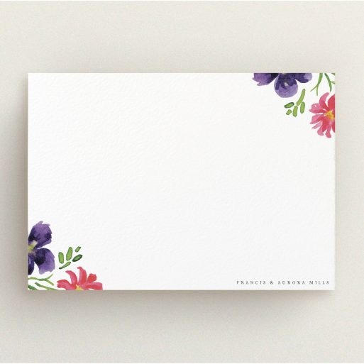 Personalised Note Card Design (Couples) - "Flowers encroaching" A couples personalised note card template titled "Flowers encroaching". It is an A5 card in a landscape orientation. "Flowers encroaching" is available as a flat card, with mainly purple colouring.