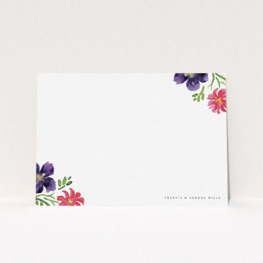 A couples personalised note card template titled "Flowers encroaching". It is an A5 card in a landscape orientation. "Flowers encroaching" is available as a flat card, with mainly purple colouring.