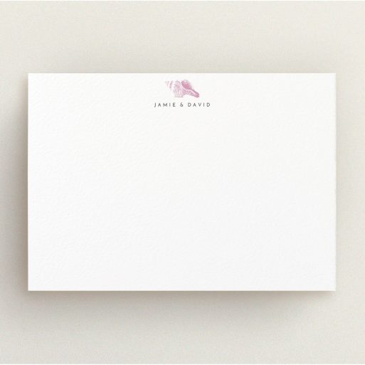 Personalised Note Card Design (Couples) - "Found on the shore" A couples personalised note card design named "Found on the shore". It is an A5 card in a landscape orientation. "Found on the shore" is available as a flat card, with tones of white and pink.
