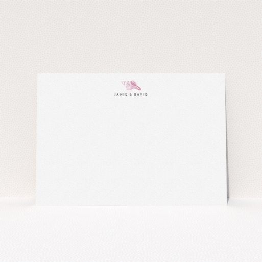 A couples personalised note card design named "Found on the shore". It is an A5 card in a landscape orientation. "Found on the shore" is available as a flat card, with tones of white and pink.