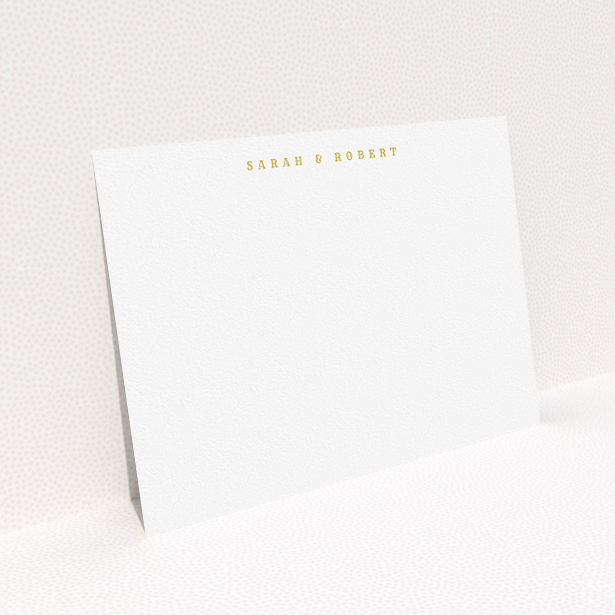 A couples personalised note card called "Front middle". It is an A5 card in a landscape orientation. "Front middle" is available as a flat card, with tones of white and gold.