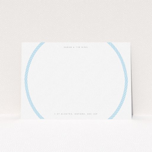 A couples personalised note card design called "Full circle". It is an A5 card in a landscape orientation. "Full circle" is available as a flat card, with tones of blue and white.