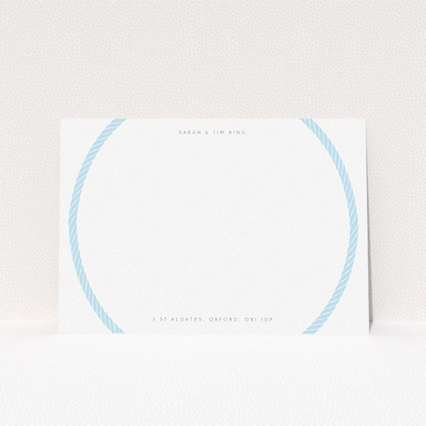 A couples personalised note card design called "Full circle". It is an A5 card in a landscape orientation. "Full circle" is available as a flat card, with tones of blue and white.