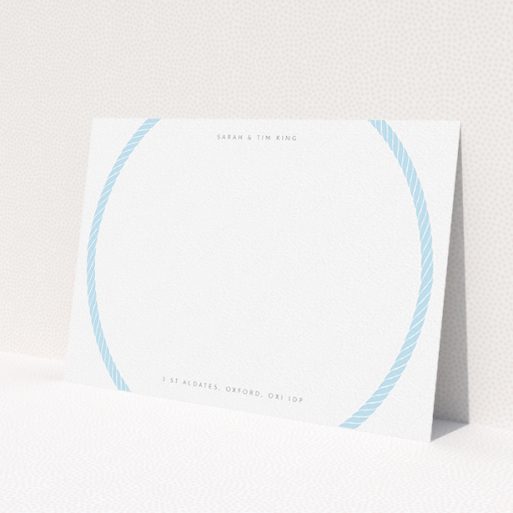 A couples personalised note card design called 'Full circle'. It is an A5 card in a landscape orientation. 'Full circle' is available as a flat card, with tones of blue and white.