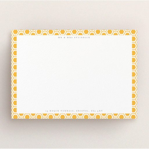 Personalised Note Card Design (Couples) - "Geometric hive" A couples personalised note card called "Geometric hive". It is an A5 card in a landscape orientation. "Geometric hive" is available as a flat card, with tones of orange and white.